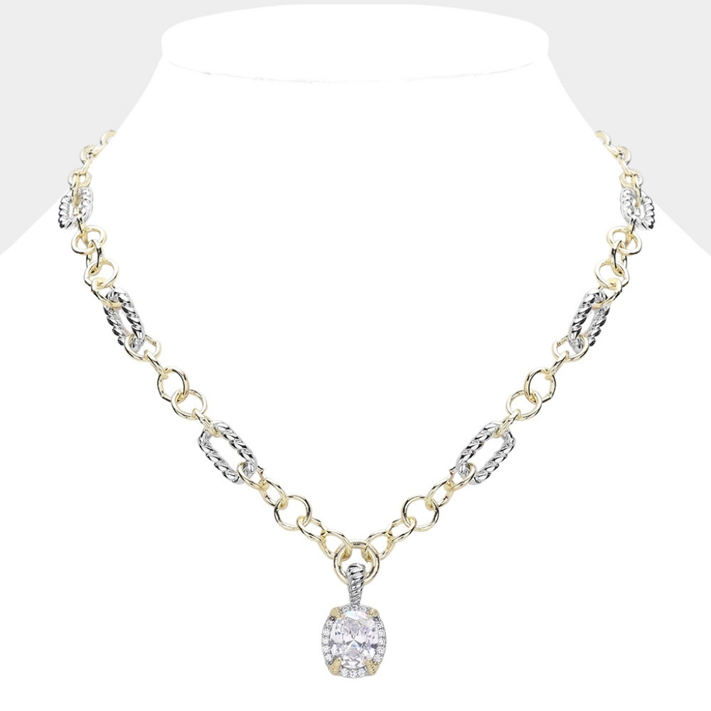 Two Tone CZ 14K Gold Plated Oval Stone Pendant Chain Link Charm Necklace Silver